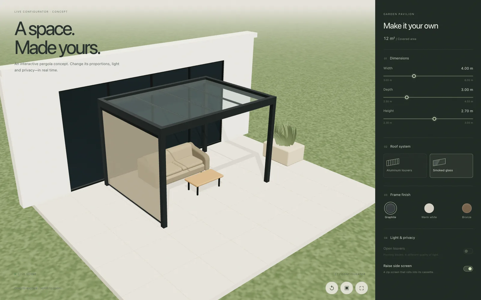 Screenshot of a garden pavilion configurator: glass roof, lowered side screen and visible controls for dimensions, roof and finishes